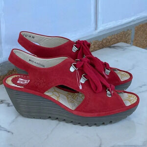 Fly London Ylfa Scarlet Red Leather Lace sandals size 8